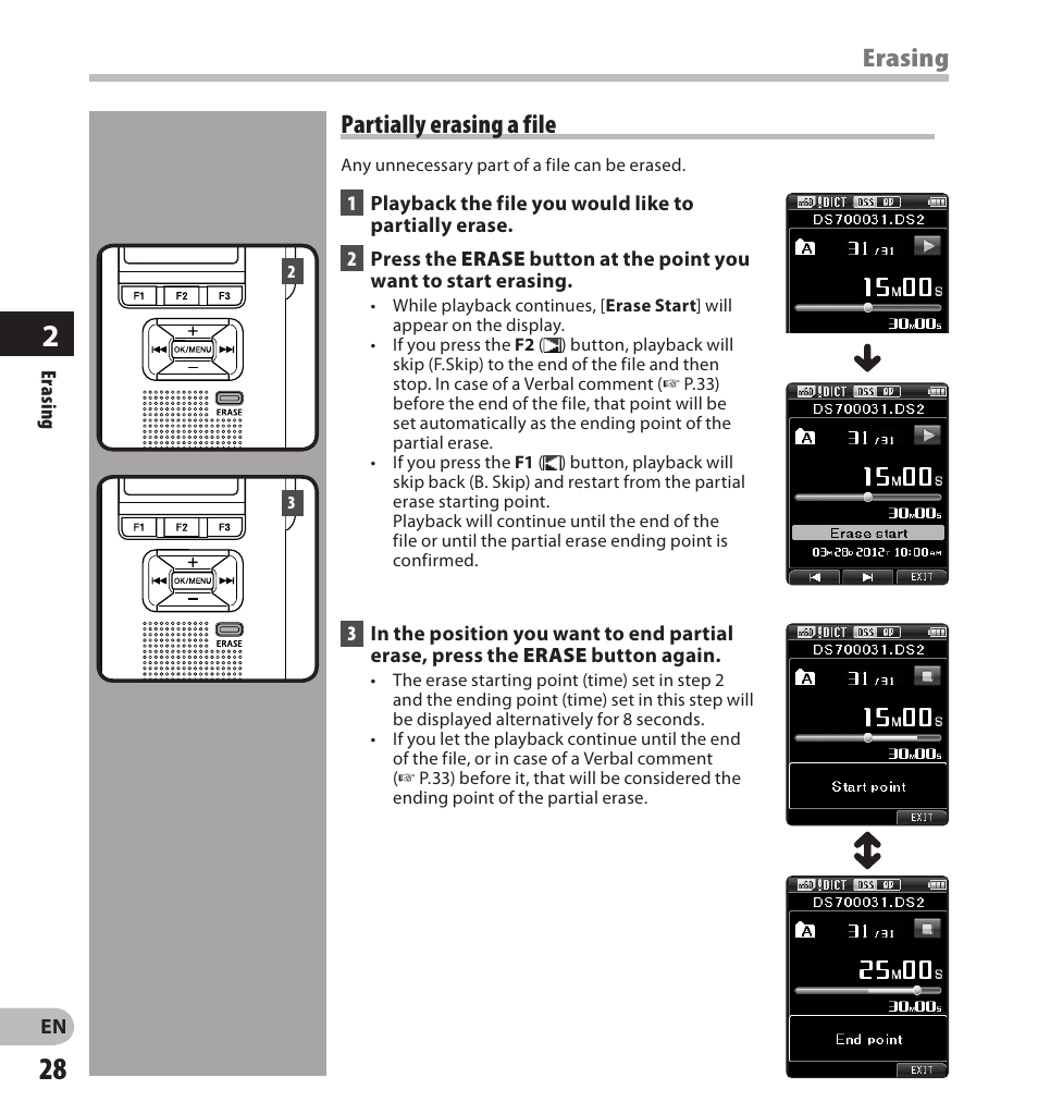 Erasing partially erasing a file | Olympus DS7000 User Manual | Page 28 / 56
