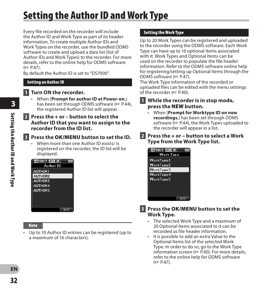 Setting the author id and work type | Olympus DS7000 User Manual | Page 32 / 56