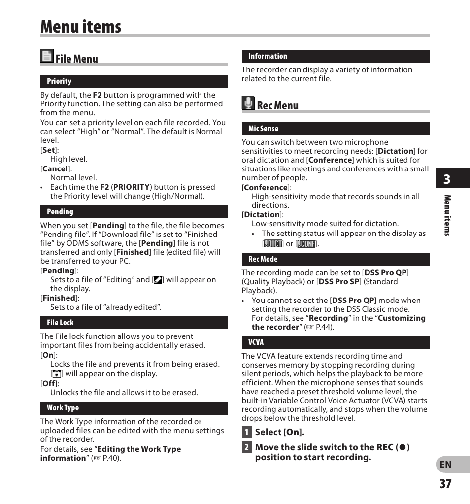 Menu items, Rec menu, File menu | Olympus DS7000 User Manual | Page 37 / 56