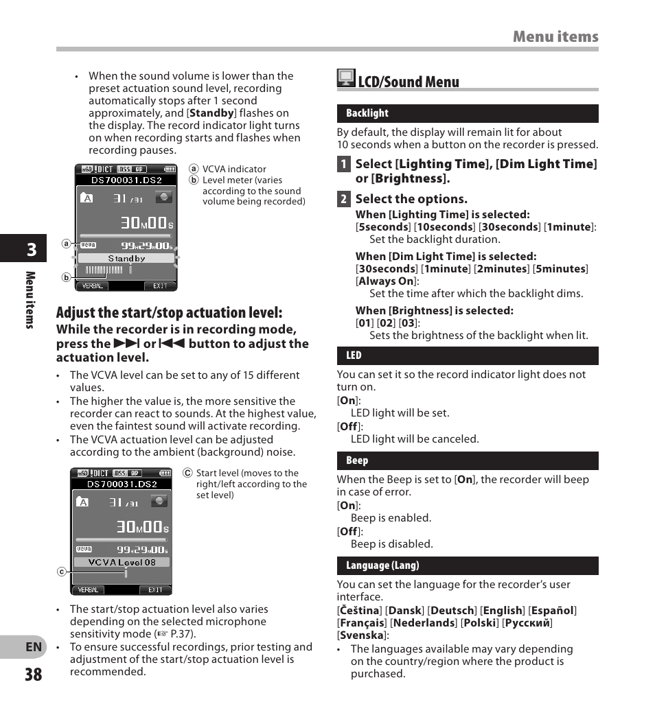 Menu items, Lcd/sound menu, Adjust the start/stop actuation level | Olympus DS7000 User Manual | Page 38 / 56
