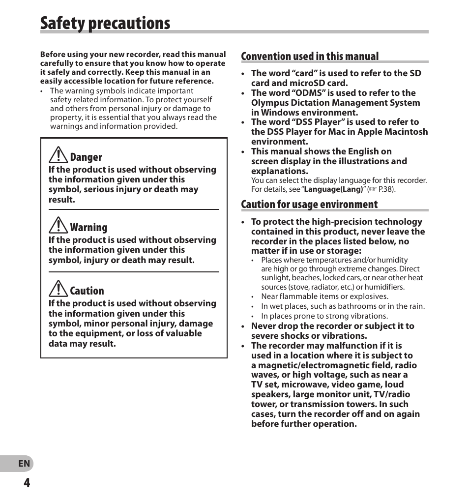 Safety precautions, Convention used in this manual, Caution for usage environment | F danger, F warning, F caution | Olympus DS7000 User Manual | Page 4 / 56