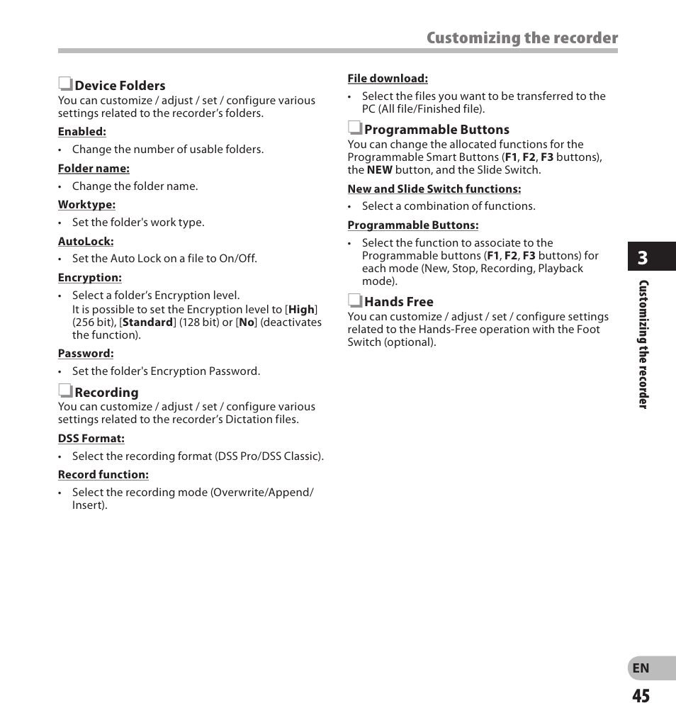 Customizing the recorder | Olympus DS7000 User Manual | Page 45 / 56