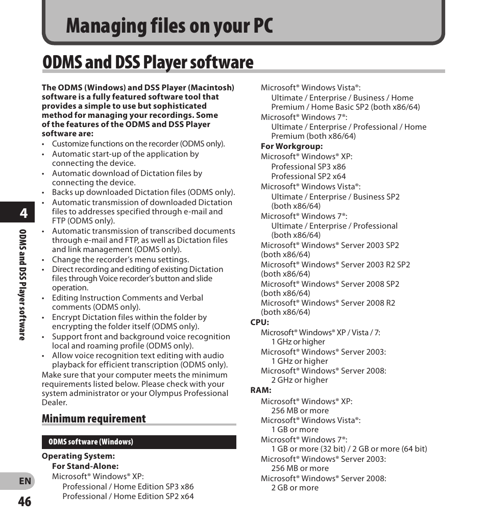 Managing files on your pc, Odms and dss player software, Minimum requirement | Olympus DS7000 User Manual | Page 46 / 56