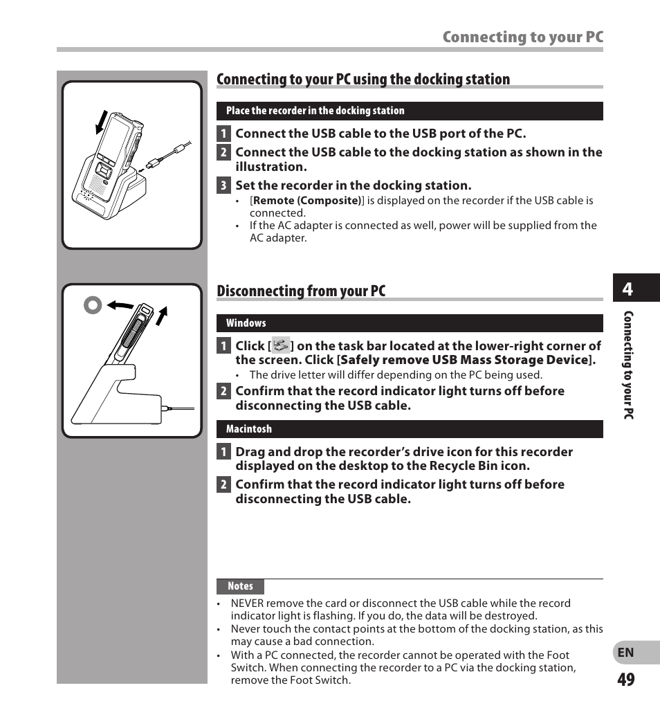 Disconnecting from your pc | Olympus DS7000 User Manual | Page 49 / 56