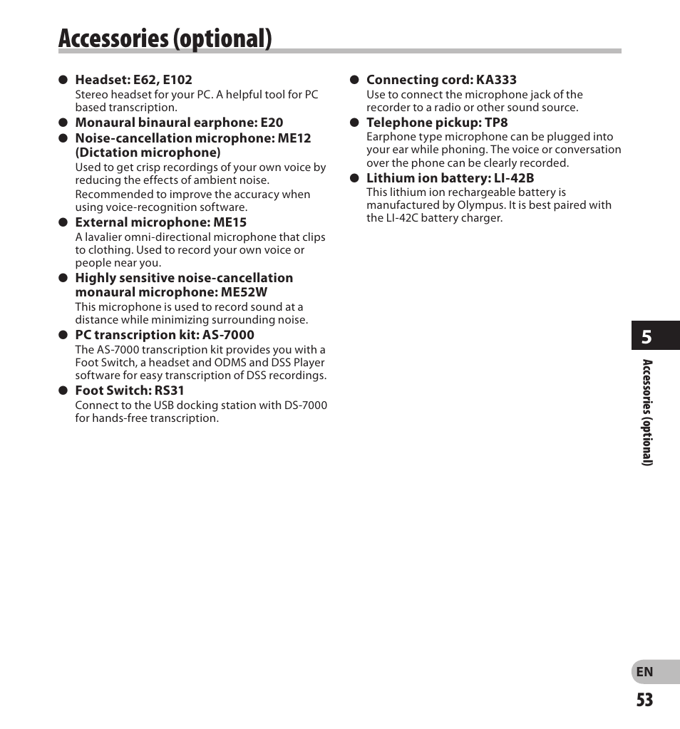 Accessories (optional) | Olympus DS7000 User Manual | Page 53 / 56