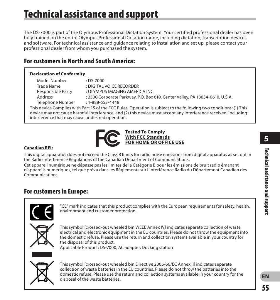 Technical assistance and support, For customers in europe, For customers in north and south america | Olympus DS7000 User Manual | Page 55 / 56
