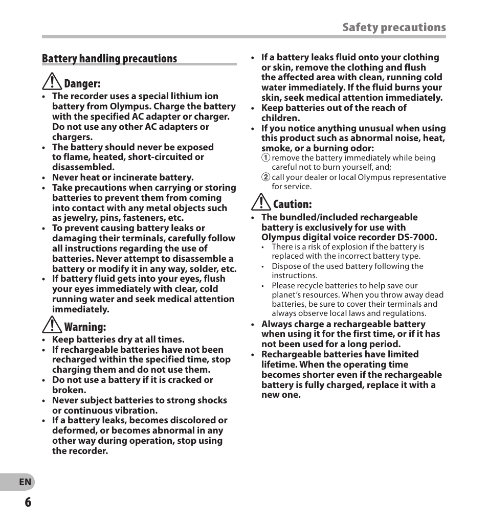 Safety precautions, F caution, Battery handling precautions f danger | F warning | Olympus DS7000 User Manual | Page 6 / 56