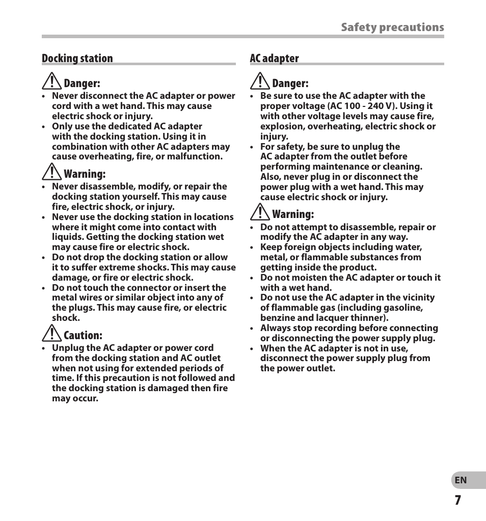 Safety precautions docking station f danger, F warning, F caution | Ac adapter f danger | Olympus DS7000 User Manual | Page 7 / 56