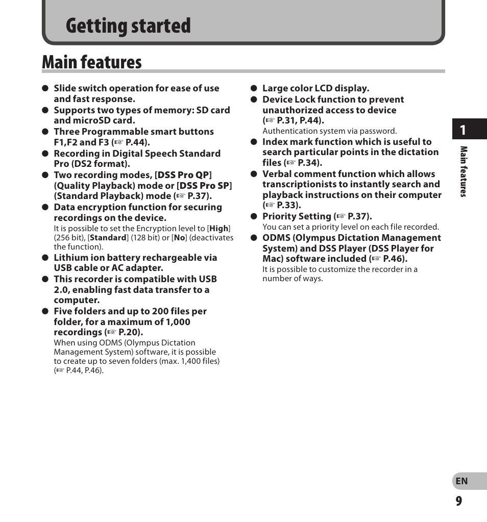 Getting started, Main features | Olympus DS7000 User Manual | Page 9 / 56