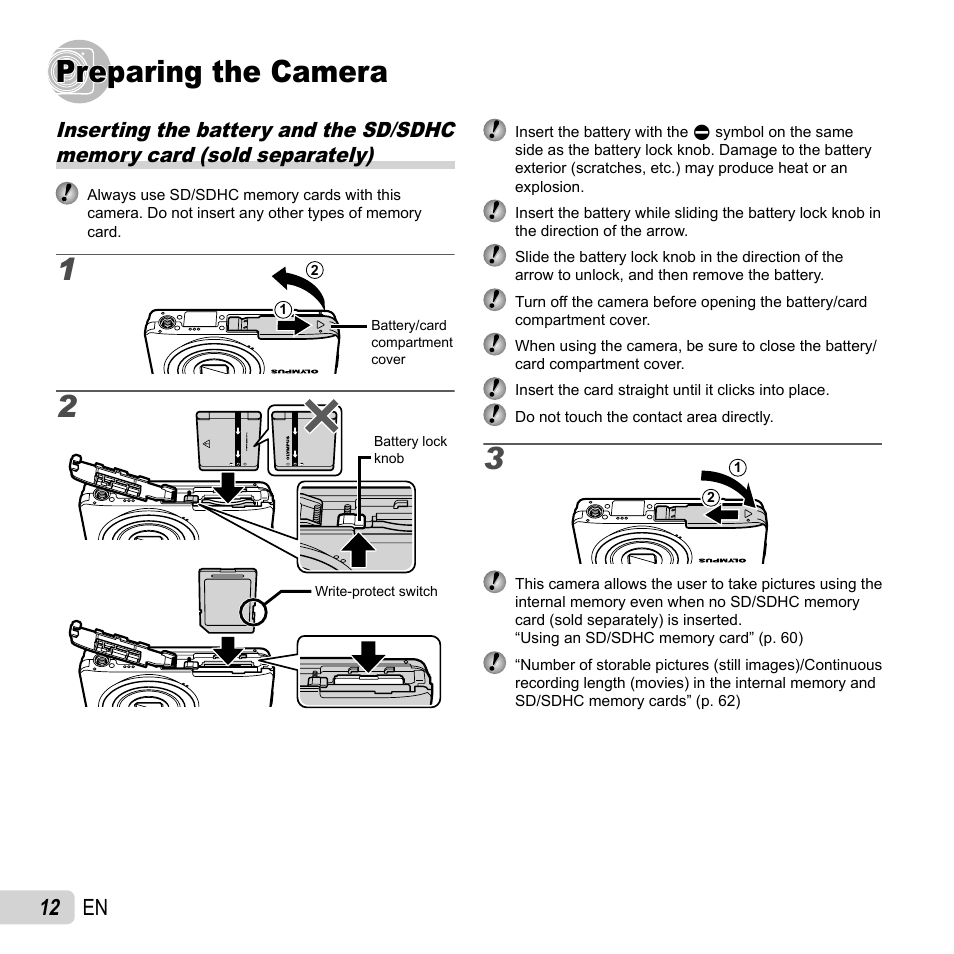 Preparing the camera, 12 en | Olympus VG-120 User Manual | Page 12 / 76