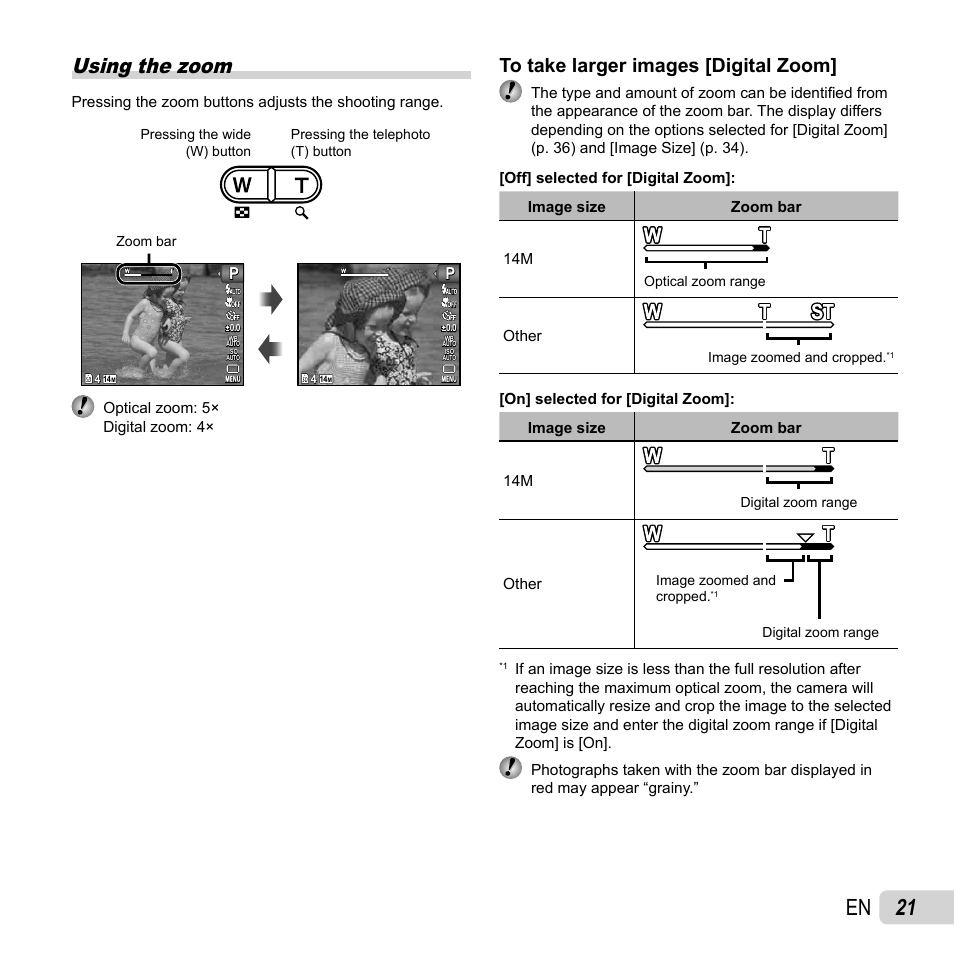 21 en, Using the zoom | Olympus VG-120 User Manual | Page 21 / 76