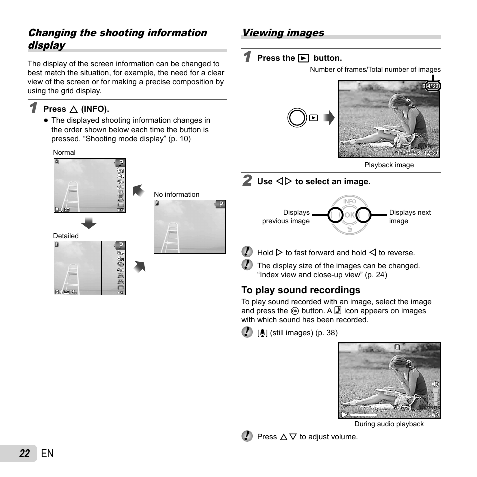 22 en, Changing the shooting information display, Viewing images | Olympus VG-120 User Manual | Page 22 / 76