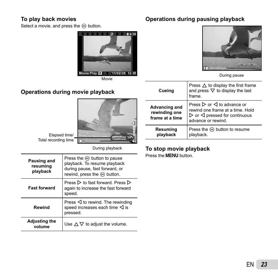 23 en, Operations during movie playback, Operations during pausing playback | Olympus VG-120 User Manual | Page 23 / 76