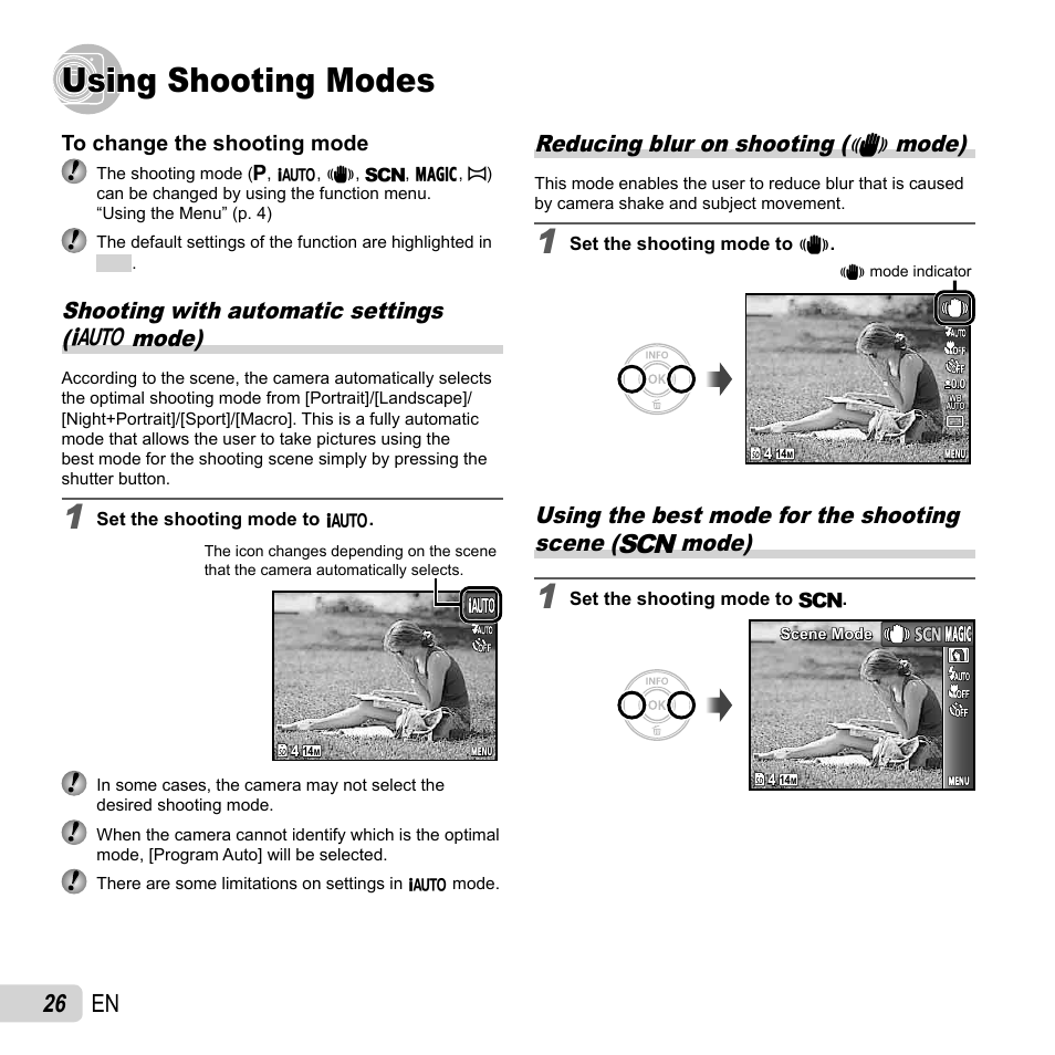 Using shooting modes, 26 en, Shooting with automatic settings ( m mode) | Reducing blur on shooting ( n mode) | Olympus VG-120 User Manual | Page 26 / 76