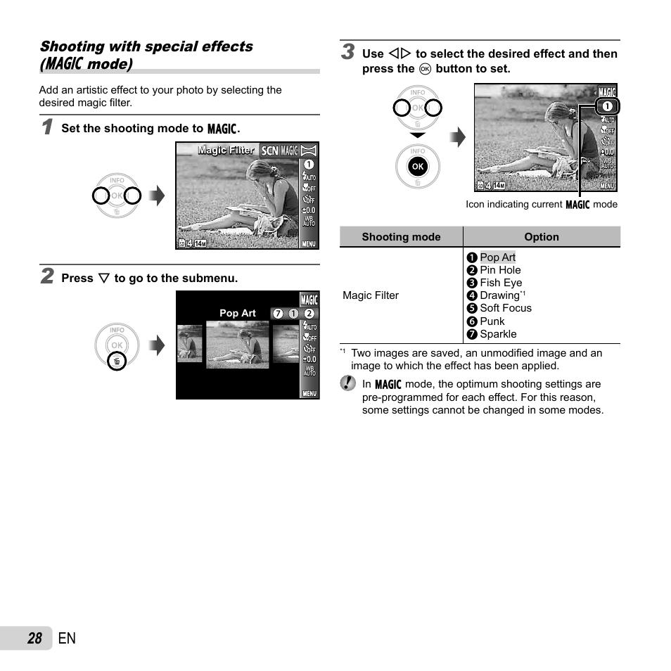 28 en, Shooting with special effects ( p mode) | Olympus VG-120 User Manual | Page 28 / 76