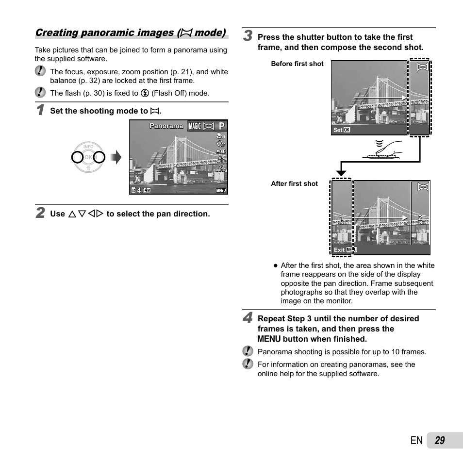 29 en, Creating panoramic images ( ~ mode) | Olympus VG-120 User Manual | Page 29 / 76