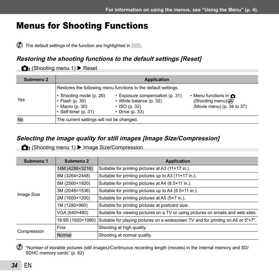 Menus for shooting functions, 34 en | Olympus VG-120 User Manual | Page 34 / 76