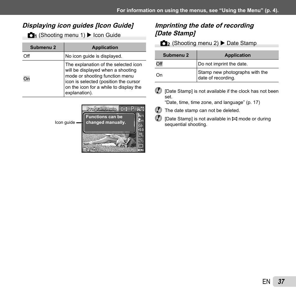 37 en, Displaying icon guides [icon guide, Displaying icon guides [icon guide] p | Olympus VG-120 User Manual | Page 37 / 76