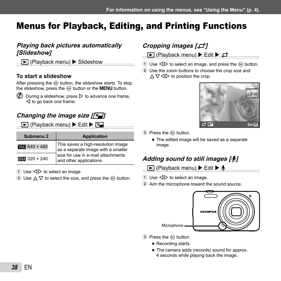 38 en, Changing the image size, Changing the image size [ q q | Cropping images, Cropping images [ p p | Olympus VG-120 User Manual | Page 38 / 76