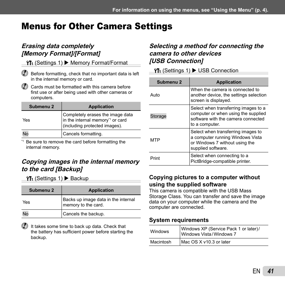 Menus for other camera settings, 41 en | Olympus VG-120 User Manual | Page 41 / 76