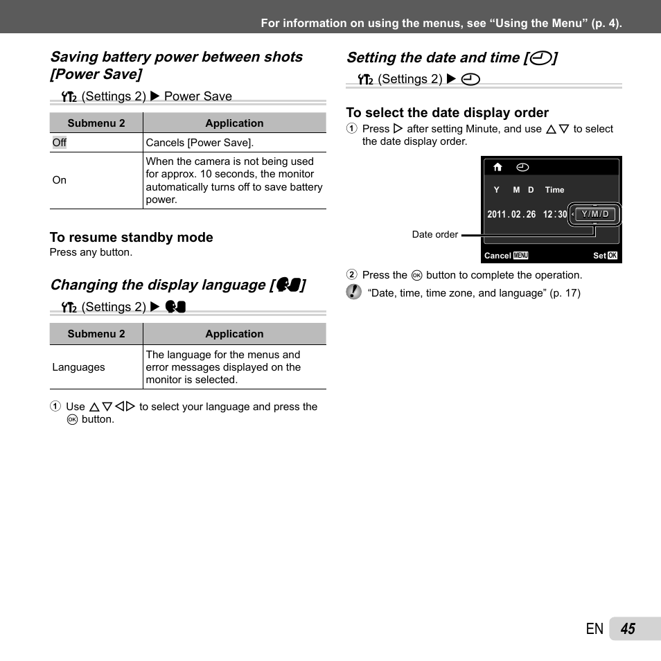 45 en, Changing the display language, Changing the display language [ w w | Setting the date and time, Setting the date and time [ x x | Olympus VG-120 User Manual | Page 45 / 76