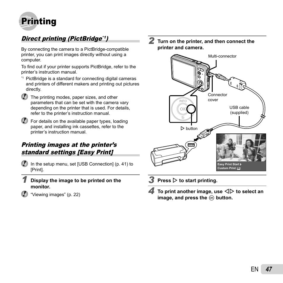 Printing, 47 en, Direct printing (pictbridge | Olympus VG-120 User Manual | Page 47 / 76