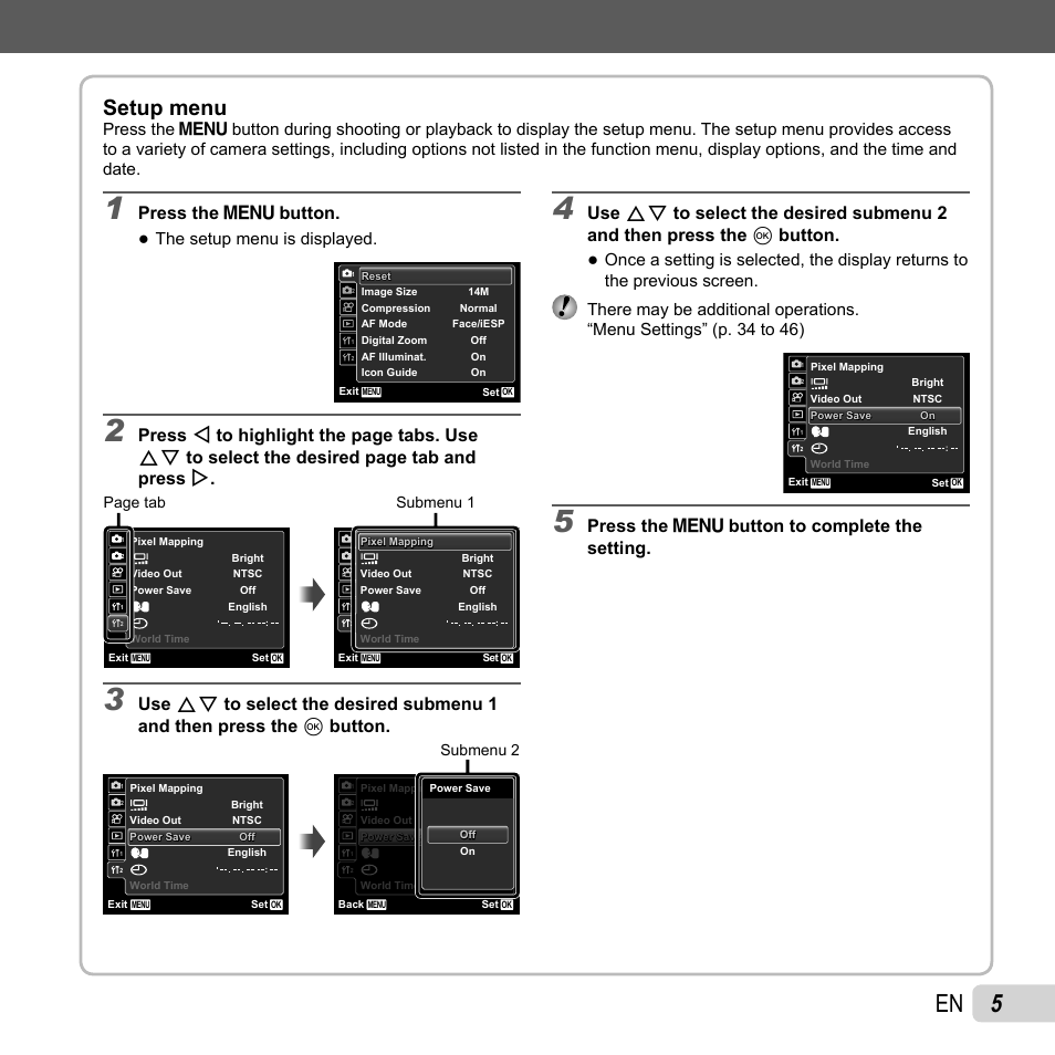 Setup menu, Press the m button, Press the m button to complete the setting | The setup menu is displayed, Page tab, Submenu 1, Submenu 2 | Olympus VG-120 User Manual | Page 5 / 76