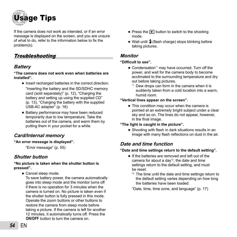 Usage tips, 54 en, Troubleshooting | Battery, Shutter button, Monitor, Date and time function | Olympus VG-120 User Manual | Page 54 / 76