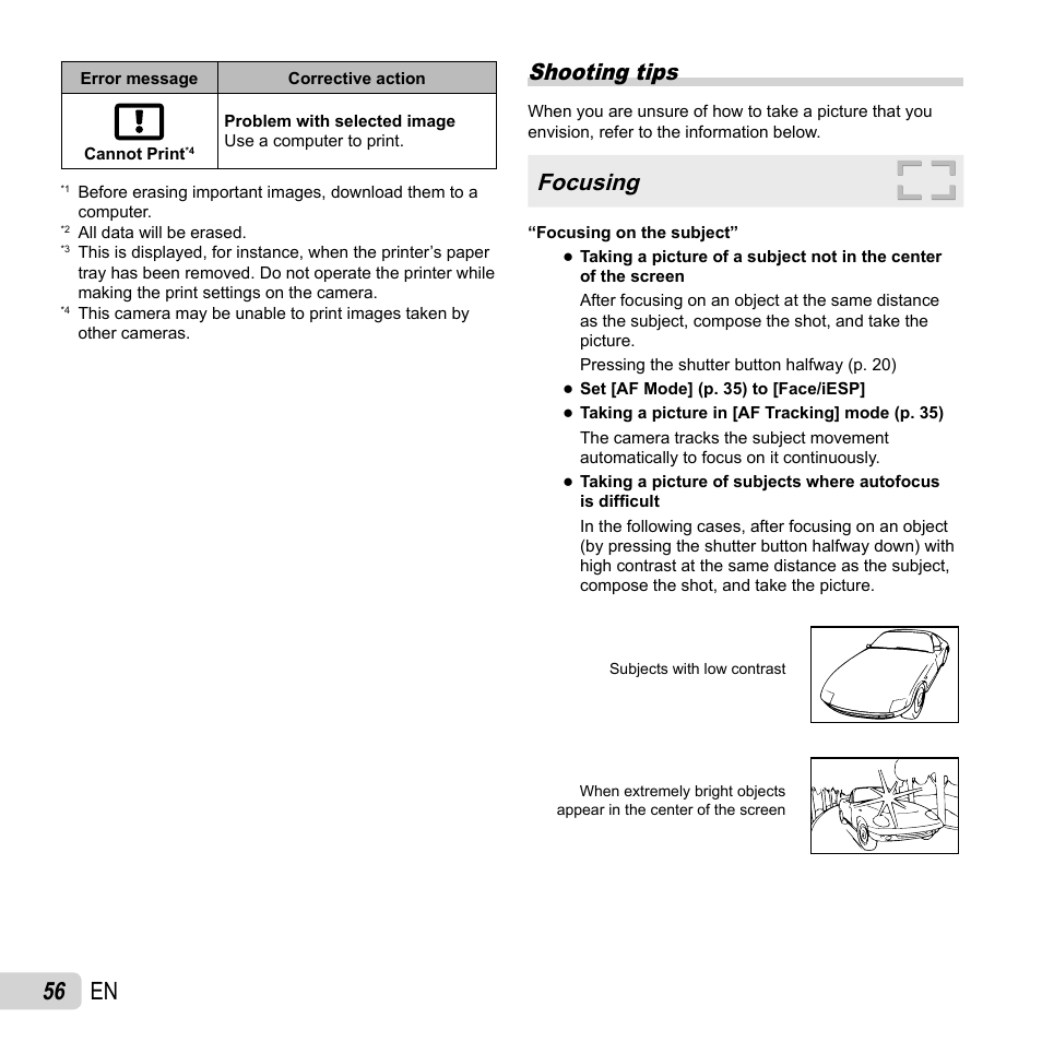 56 en, Shooting tips, Focusing | Olympus VG-120 User Manual | Page 56 / 76