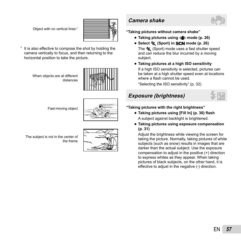 57 en, Camera shake, Exposure (brightness) | Olympus VG-120 User Manual | Page 57 / 76