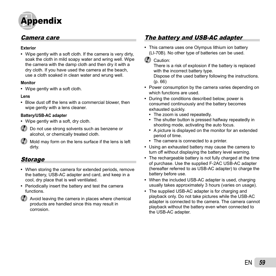 Appendix, 59 en, Camera care | Storage, The battery and usb-ac adapter | Olympus VG-120 User Manual | Page 59 / 76