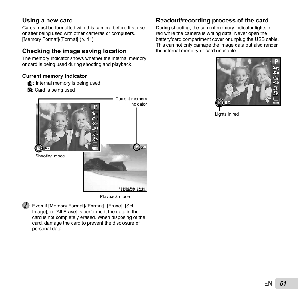 61 en, Using a new card, Checking the image saving location | Readout/recording process of the card | Olympus VG-120 User Manual | Page 61 / 76