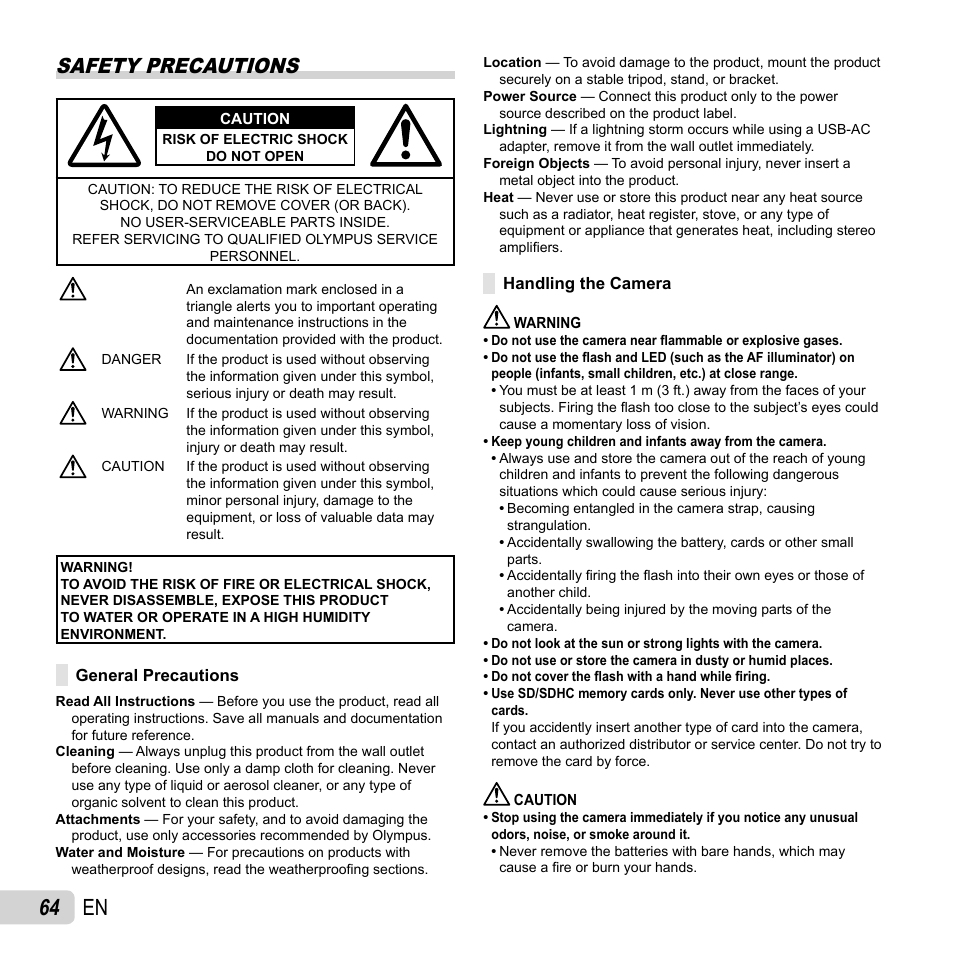 64 en, Safety precautions | Olympus VG-120 User Manual | Page 64 / 76