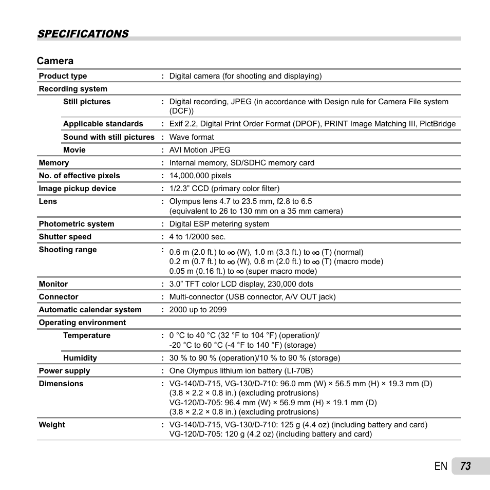 73 en, Specifications, Camera | Olympus VG-120 User Manual | Page 73 / 76