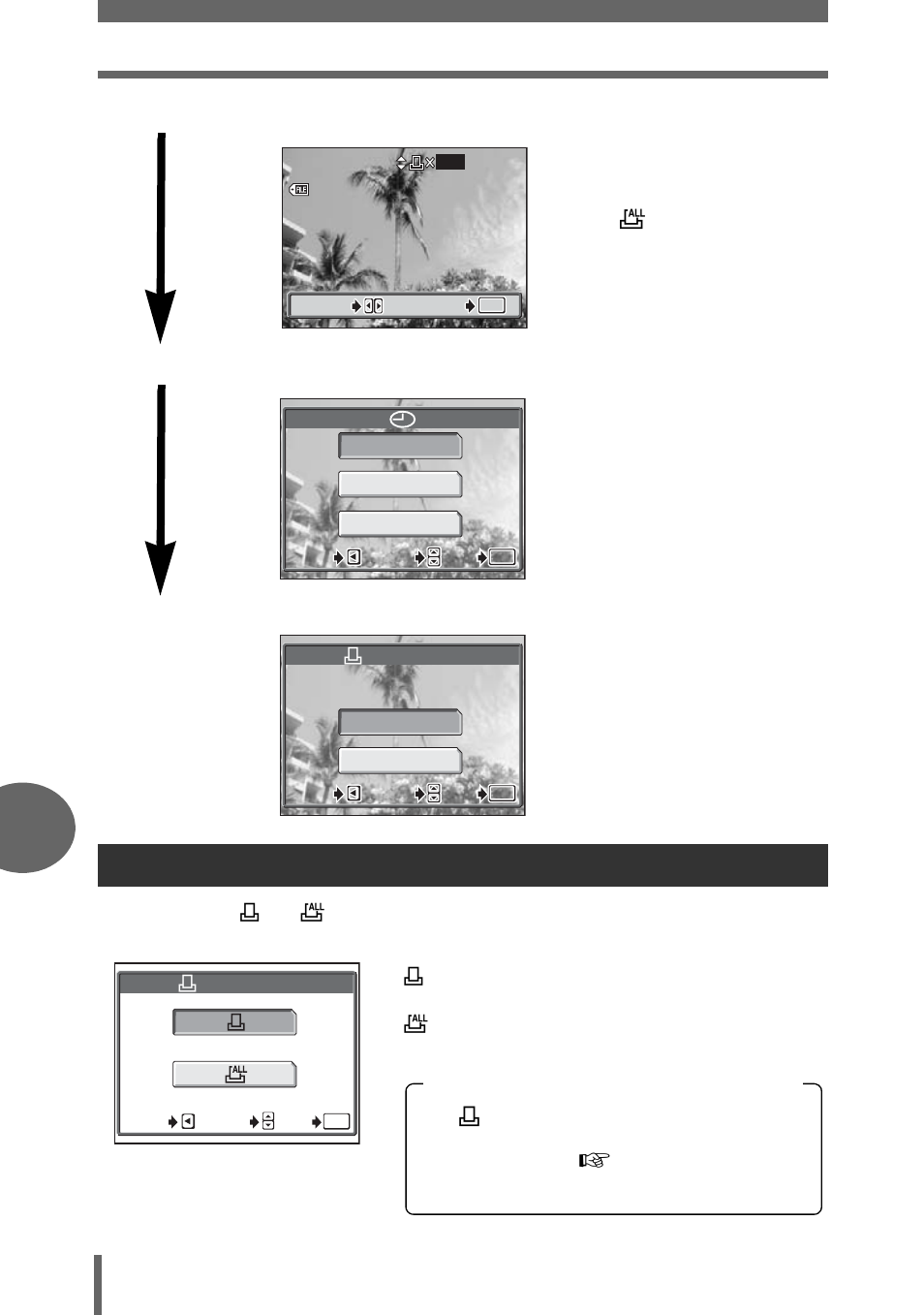Selecting print reservation mode, Prin ti n g pi ct ur es | Olympus µ-mini DIGITAL S User Manual | Page 104 / 158