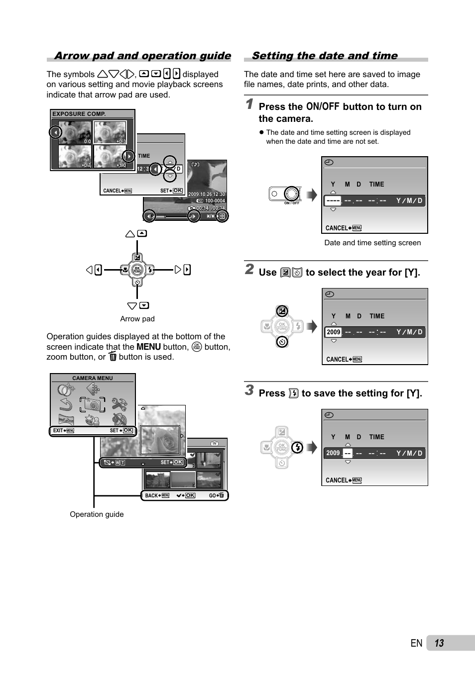 13 en arrow pad and operation guide, Setting the date and time, Press the n button to turn on the camera | Use ab to select the year for [y, Press d to save the setting for [y | Olympus µ TOUGH-6010 User Manual | Page 13 / 83