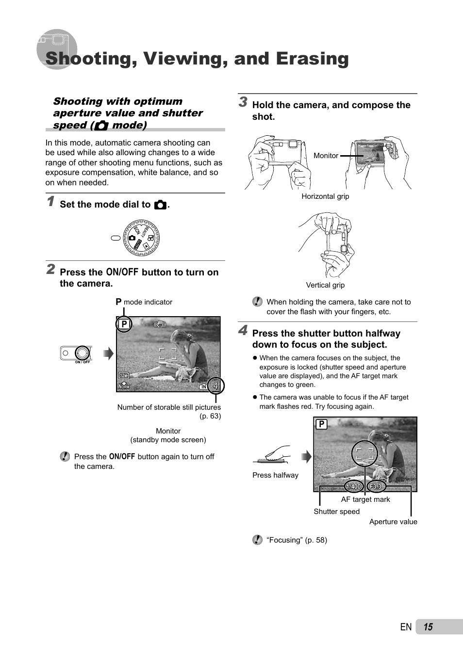 Shooting, viewing, and erasing, 15 en | Olympus µ TOUGH-6010 User Manual | Page 15 / 83