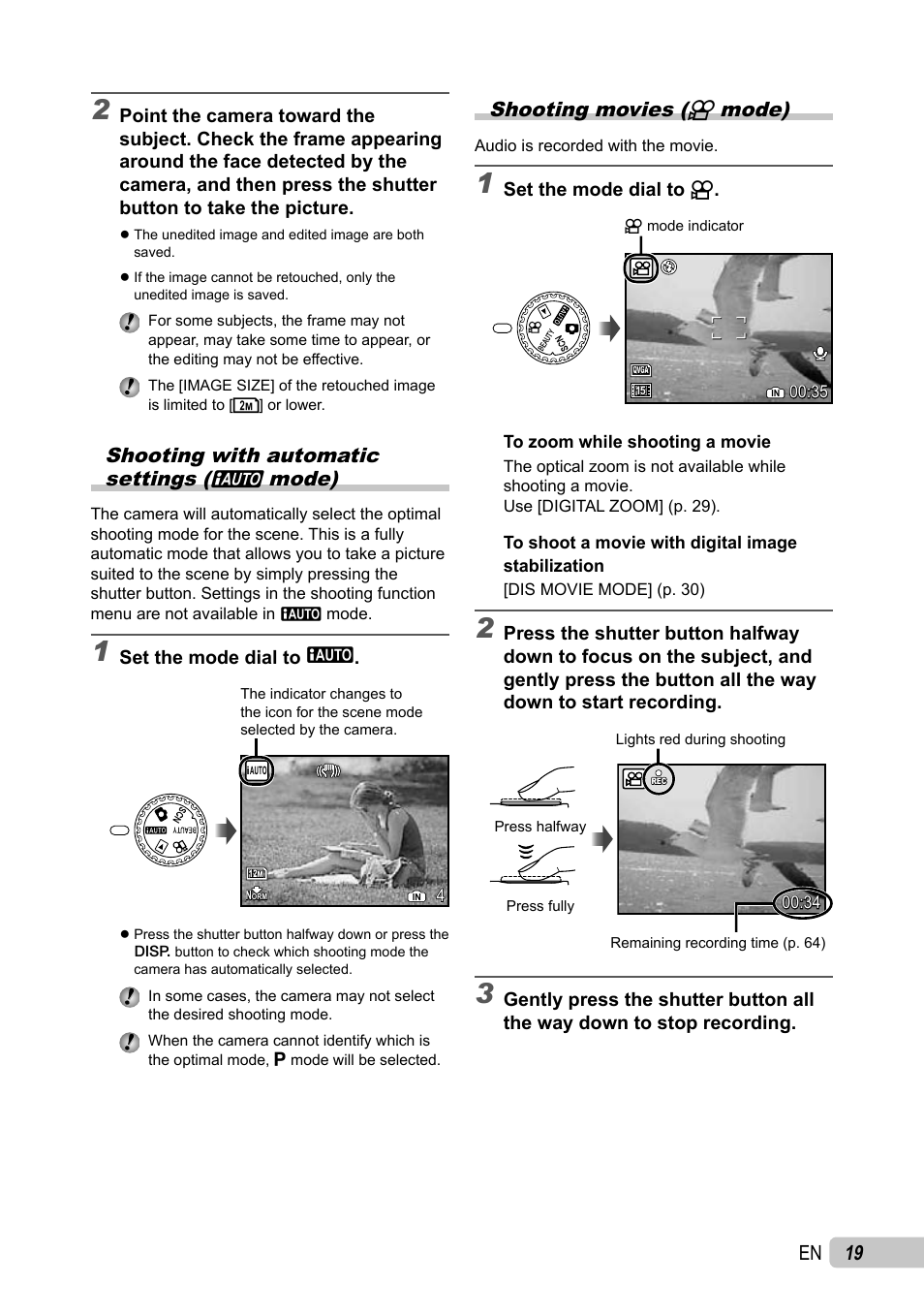 19 en, Shooting with automatic settings (a mode), Shooting movies (n mode) | Olympus µ TOUGH-6010 User Manual | Page 19 / 83