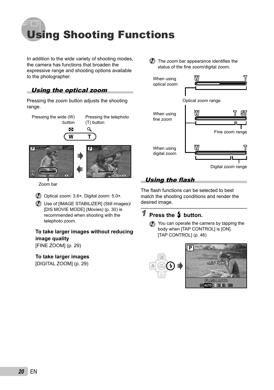 Using shooting functions, 20 en, Using the fl ash | Using the optical zoom, Press the # button | Olympus µ TOUGH-6010 User Manual | Page 20 / 83