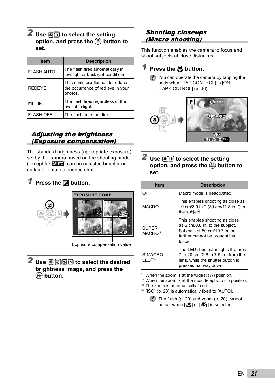 21 en, Adjusting the brightness (exposure compensation), Shooting closeups (macro shooting) | Olympus µ TOUGH-6010 User Manual | Page 21 / 83