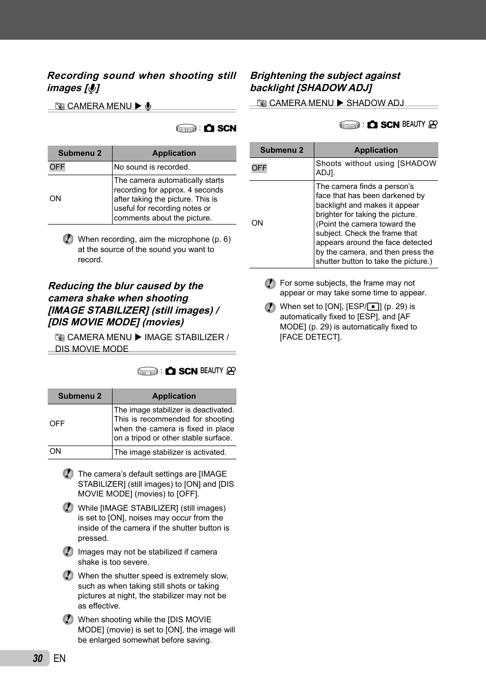 30 en, Recording sound when shooting still images [ r | Olympus µ TOUGH-6010 User Manual | Page 30 / 83