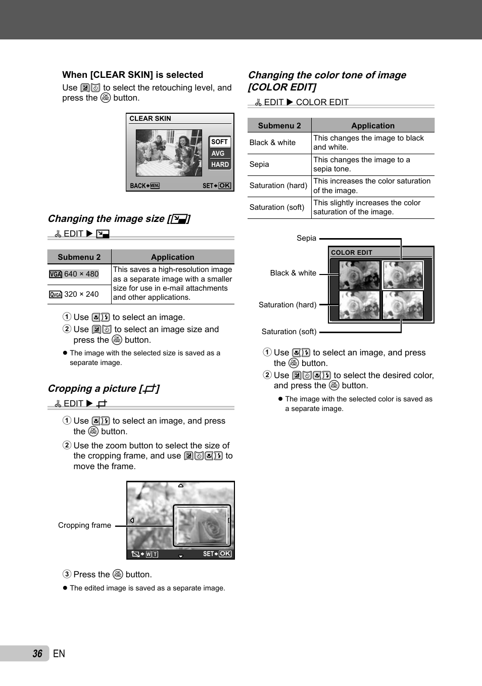 36 en, Changing the image size [ q, Cropping a picture [ p | Changing the color tone of image [color edit | Olympus µ TOUGH-6010 User Manual | Page 36 / 83