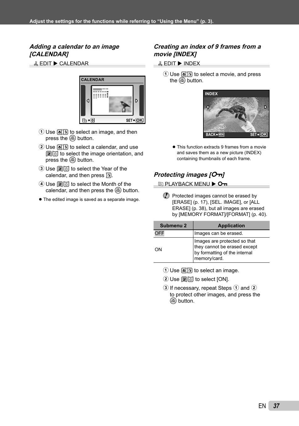 37 en, Adding a calendar to an image [calendar, Creating an index of 9 frames from a movie [index | Protecting images [ 0 | Olympus µ TOUGH-6010 User Manual | Page 37 / 83