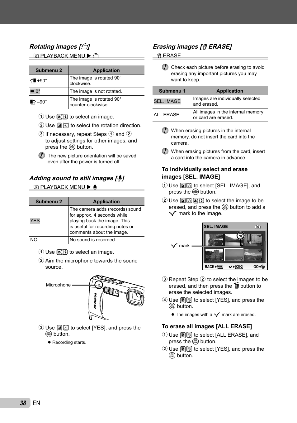 38 en, Rotating images [ y, Adding sound to still images [ r | Erasing images [ k erase | Olympus µ TOUGH-6010 User Manual | Page 38 / 83