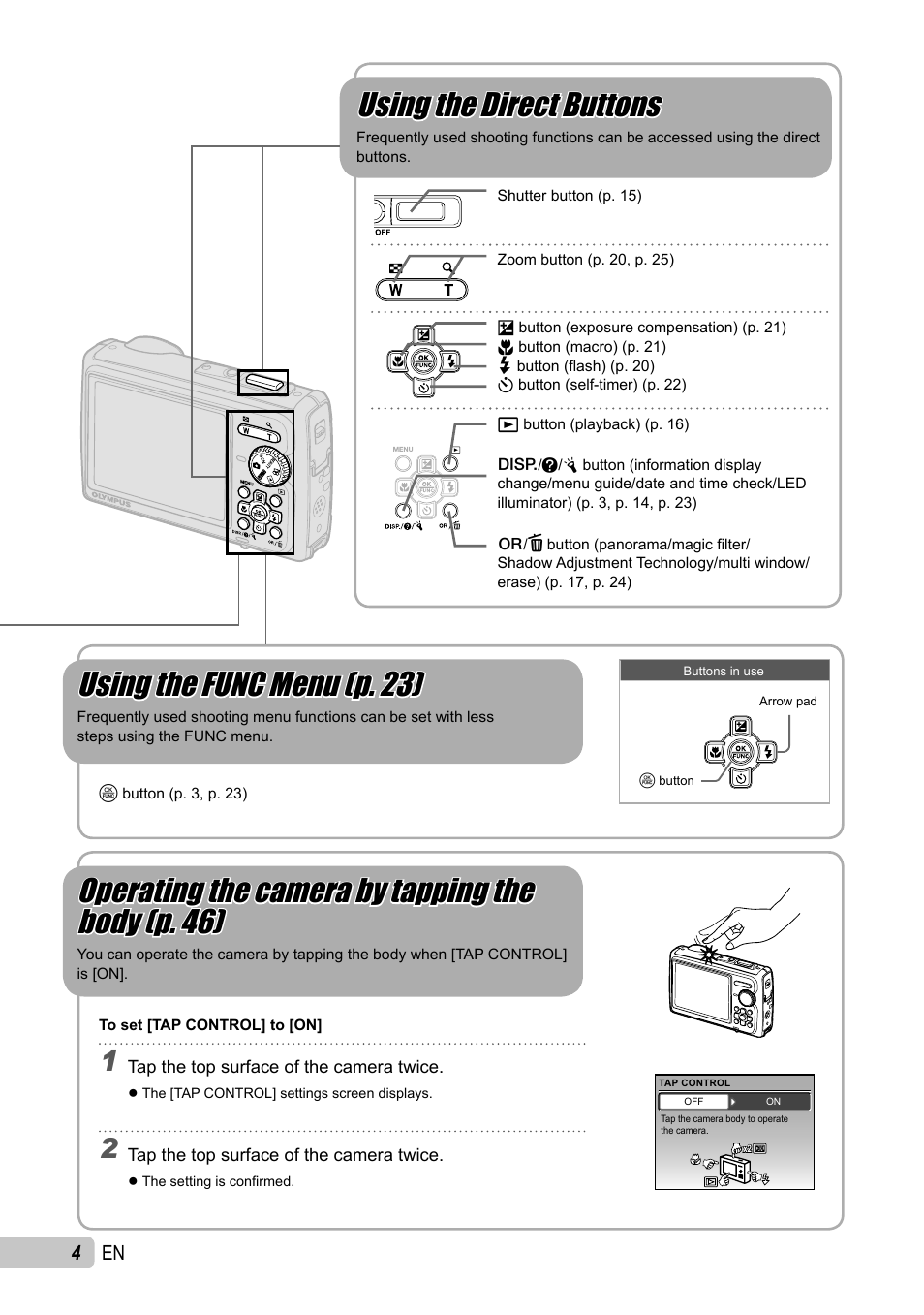 Using the func menu (p. 23), Using the direct buttons, Operating the camera by tapping the | Olympus µ TOUGH-6010 User Manual | Page 4 / 83