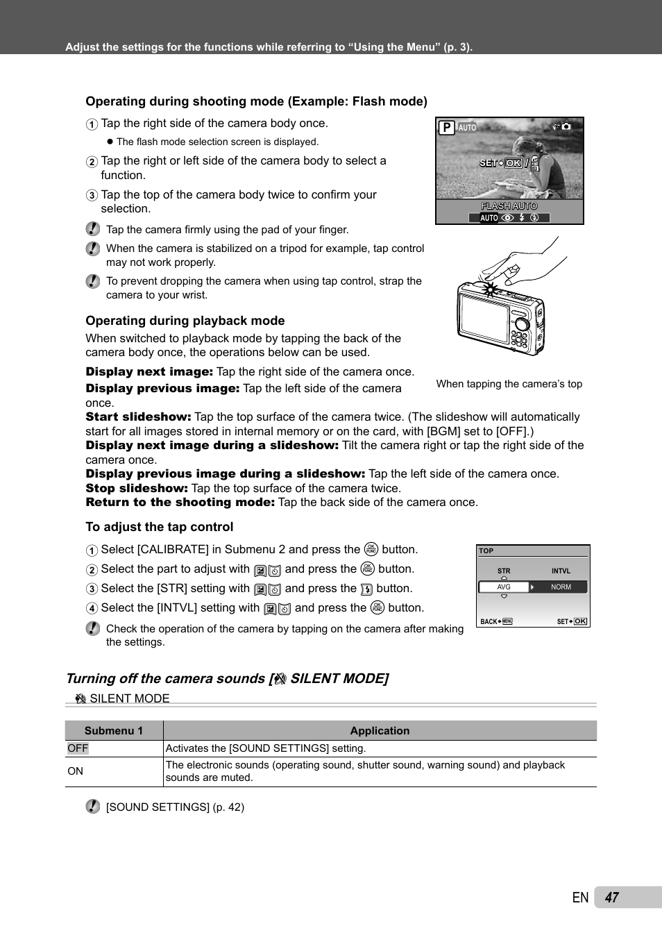47 en, Turning off the camera sounds [ f silent mode | Olympus µ TOUGH-6010 User Manual | Page 47 / 83