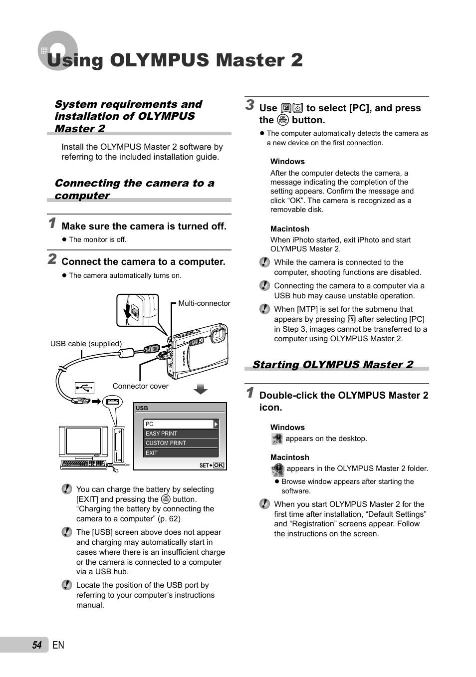 Using olympus master 2, 54 en, Starting olympus master 2 | Connecting the camera to a computer | Olympus µ TOUGH-6010 User Manual | Page 54 / 83