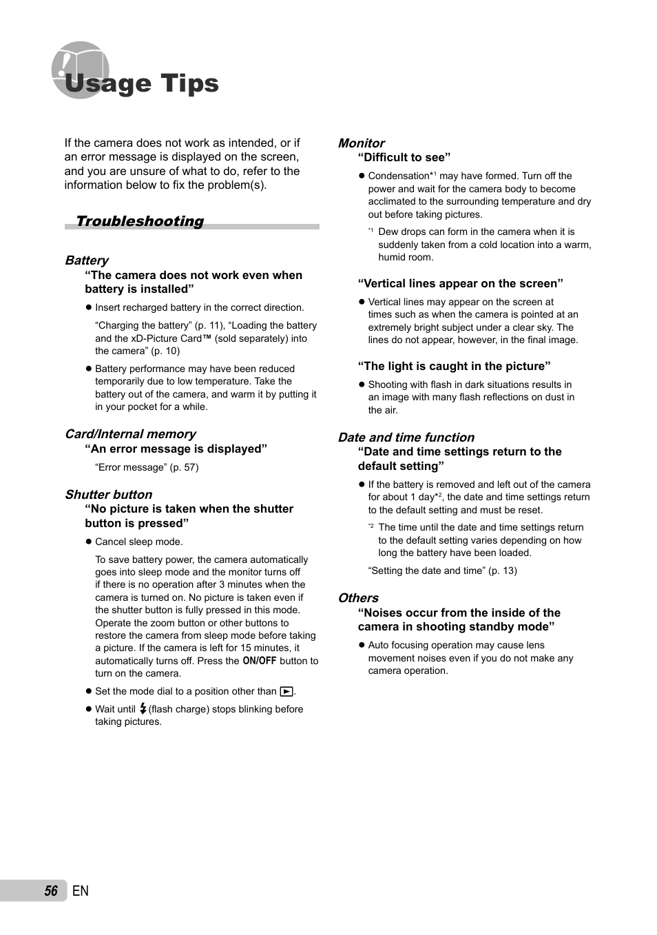 Usage tips, 56 en, Troubleshooting | Olympus µ TOUGH-6010 User Manual | Page 56 / 83