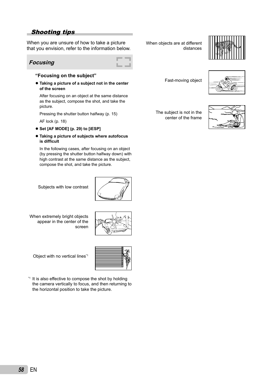 58 en shooting tips, Focusing | Olympus µ TOUGH-6010 User Manual | Page 58 / 83