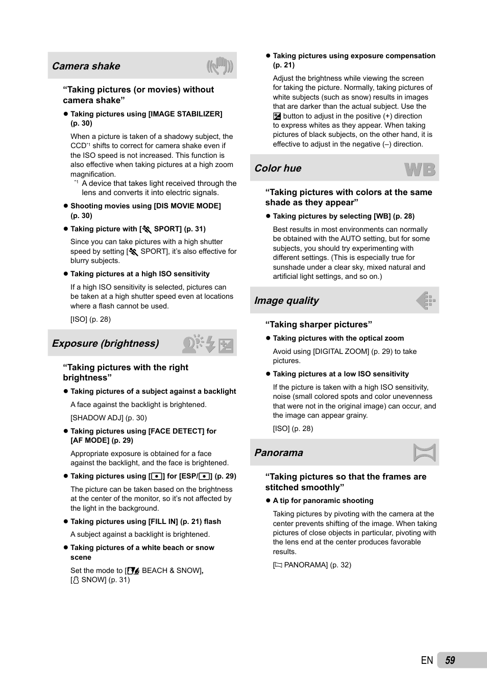 59 en, Camera shake, Exposure (brightness) | Color hue, Image quality, Panorama | Olympus µ TOUGH-6010 User Manual | Page 59 / 83